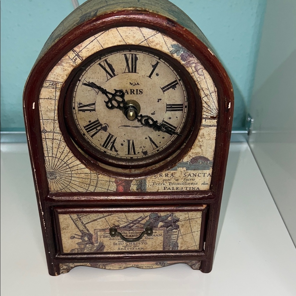 Vintage Style Brown & Cream Mantel Clock with Map Dial